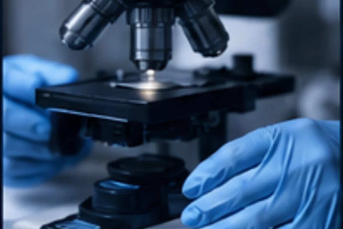 Laboratory microscope and gloved researcher