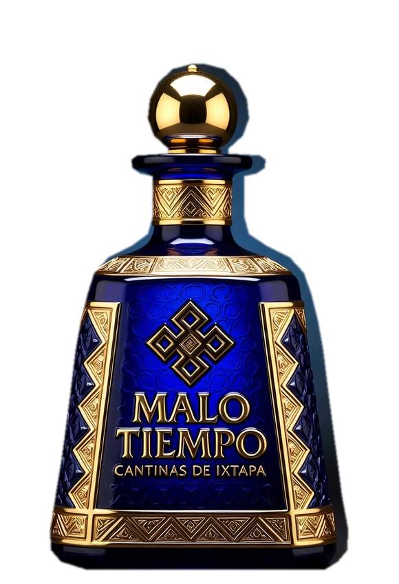 Malo Tiempo blue and gold tequila bottle