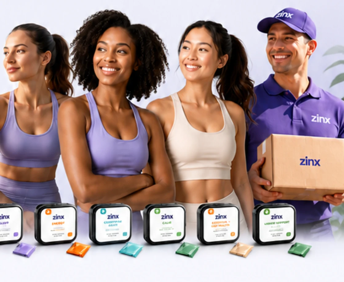 Three women in modern wellness attire and a Zinx delivery representative with Zinx wellness strips