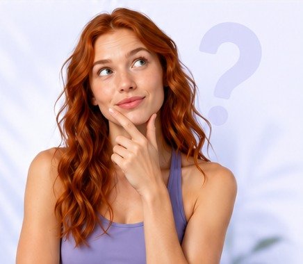 Red-haired woman thoughtfully considering a question