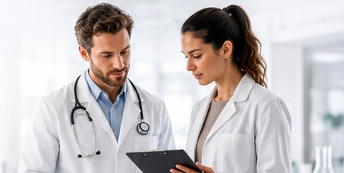 Two scientists in white coats reviewing research, one with a stethoscope and one with a clipboard