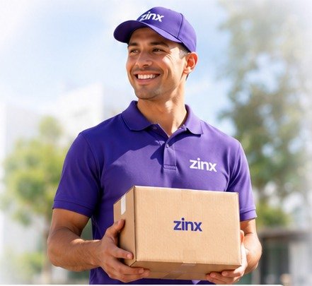 Friendly delivery professional carrying a small Zinx package