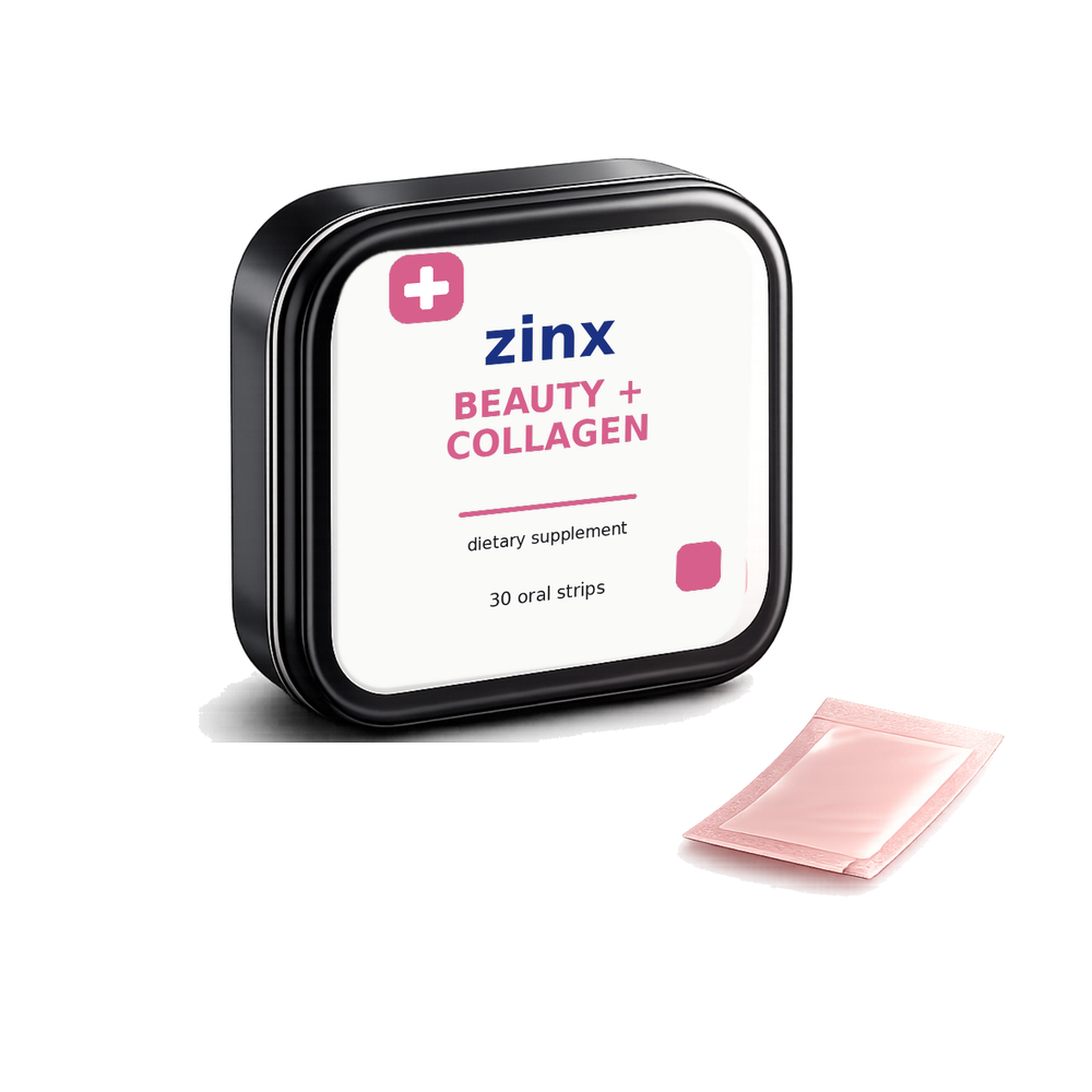 Zinx Beauty + Collagen Strips tin and oral strip packet