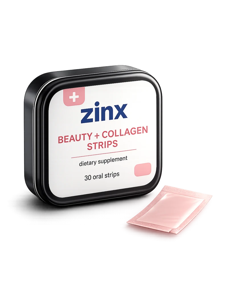 Zinx Beauty + Collagen Strips tin and oral strip packet
