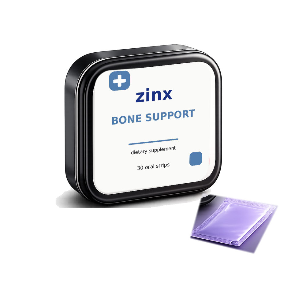 Zinx Bone Support Strips tin and oral strip packet