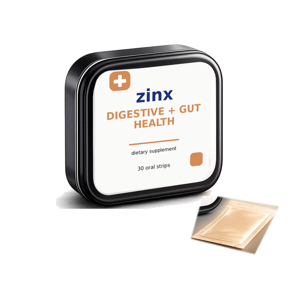 Zinx Digestive + Gut Health Strips tin and oral strip packet