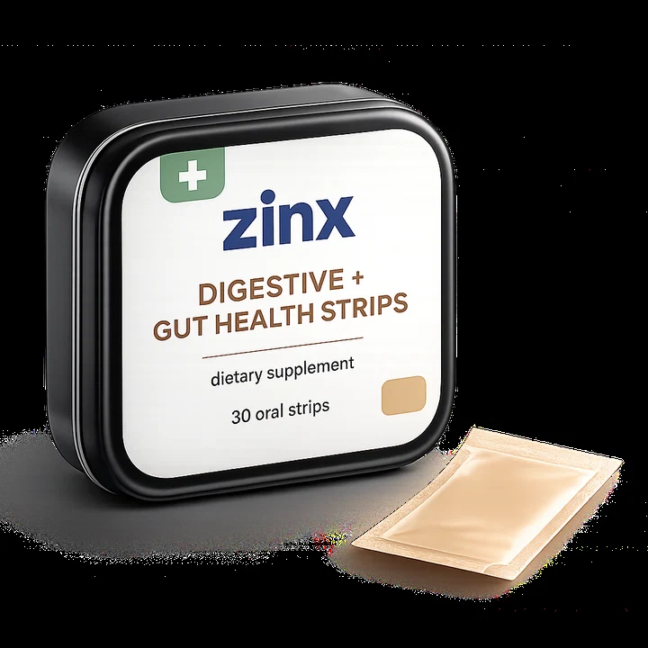 Zinx Digestive + Gut Health Strips tin and oral strip packet