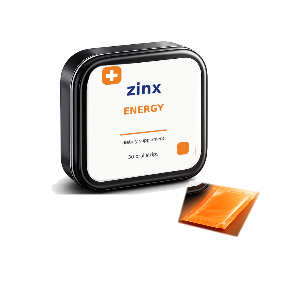 Zinx Energy Strips tin and oral strip packet