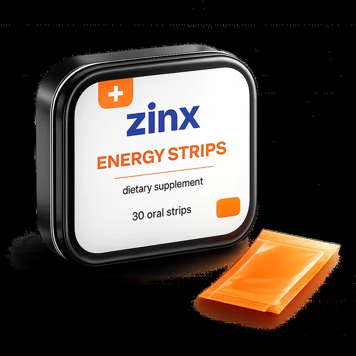 Zinx Energy Strips tin and oral strip packet