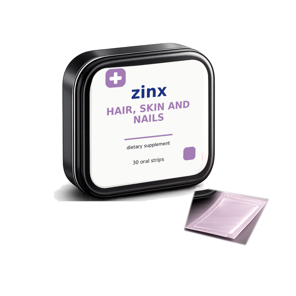 Zinx Hair, Skin and Nails Strips tin and oral strip packet