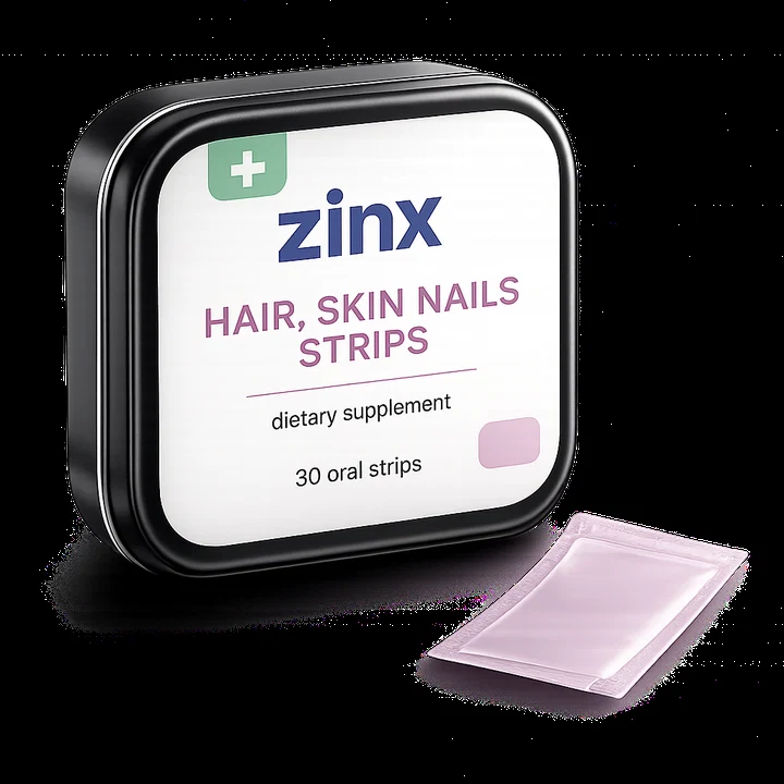 Zinx Hair, Skin and Nails Strips tin and oral strip packet