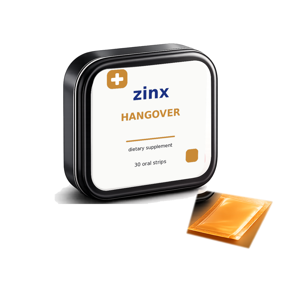 Zinx Hangover Strips tin and oral strip packet