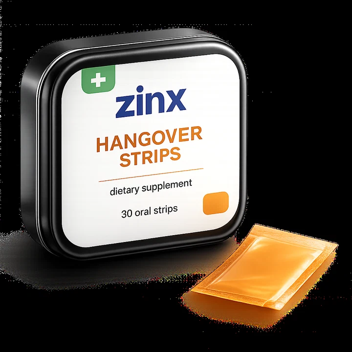Zinx Hangover Strips tin and oral strip packet