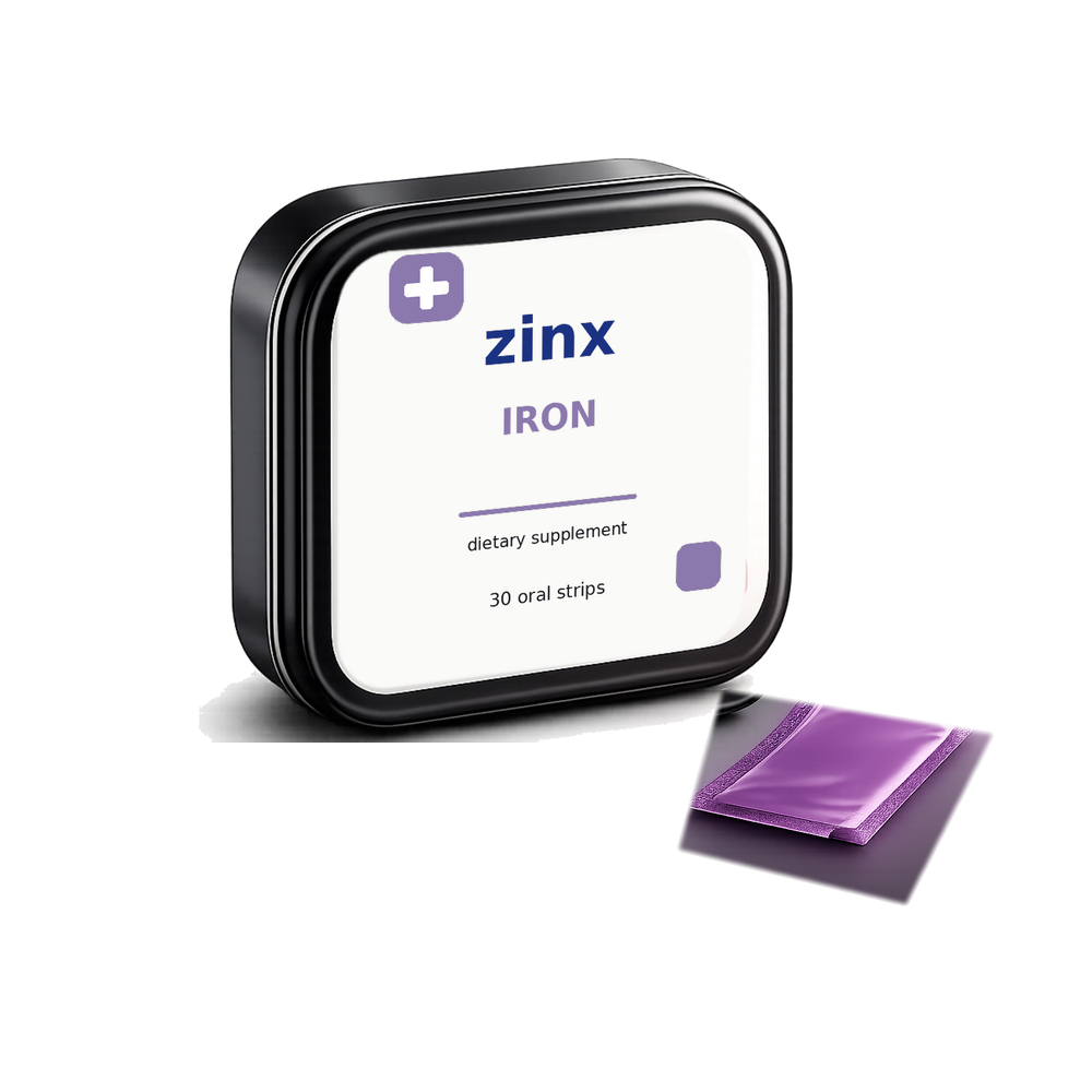 Zinx Iron Strips tin and oral strip packet