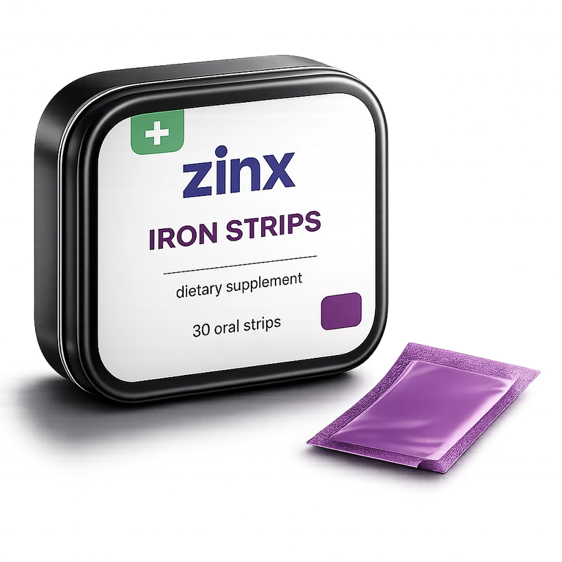Zinx Iron Strips tin and oral strip packet