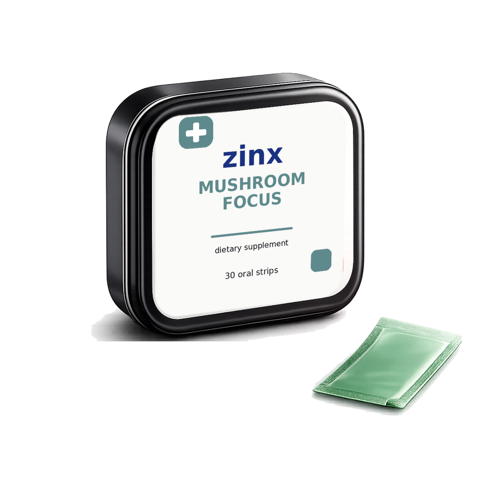Zinx Mushroom Focus Strips tin and oral strip packet