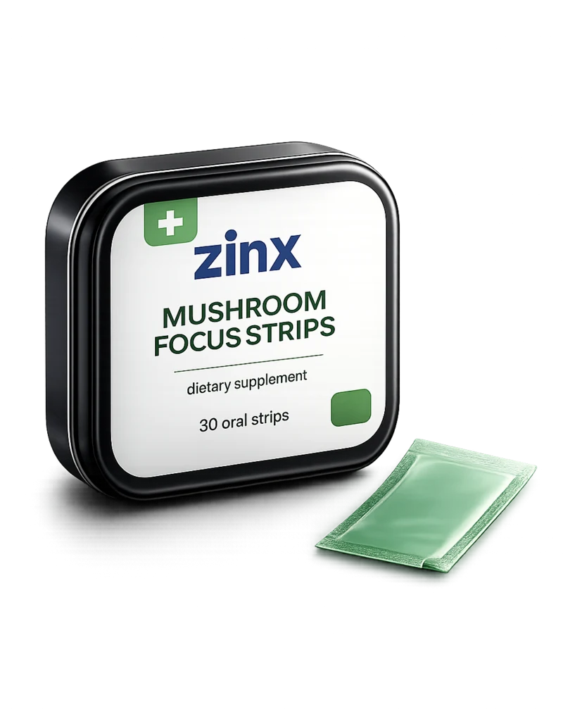 Zinx Mushroom Focus Strips tin and oral strip packet