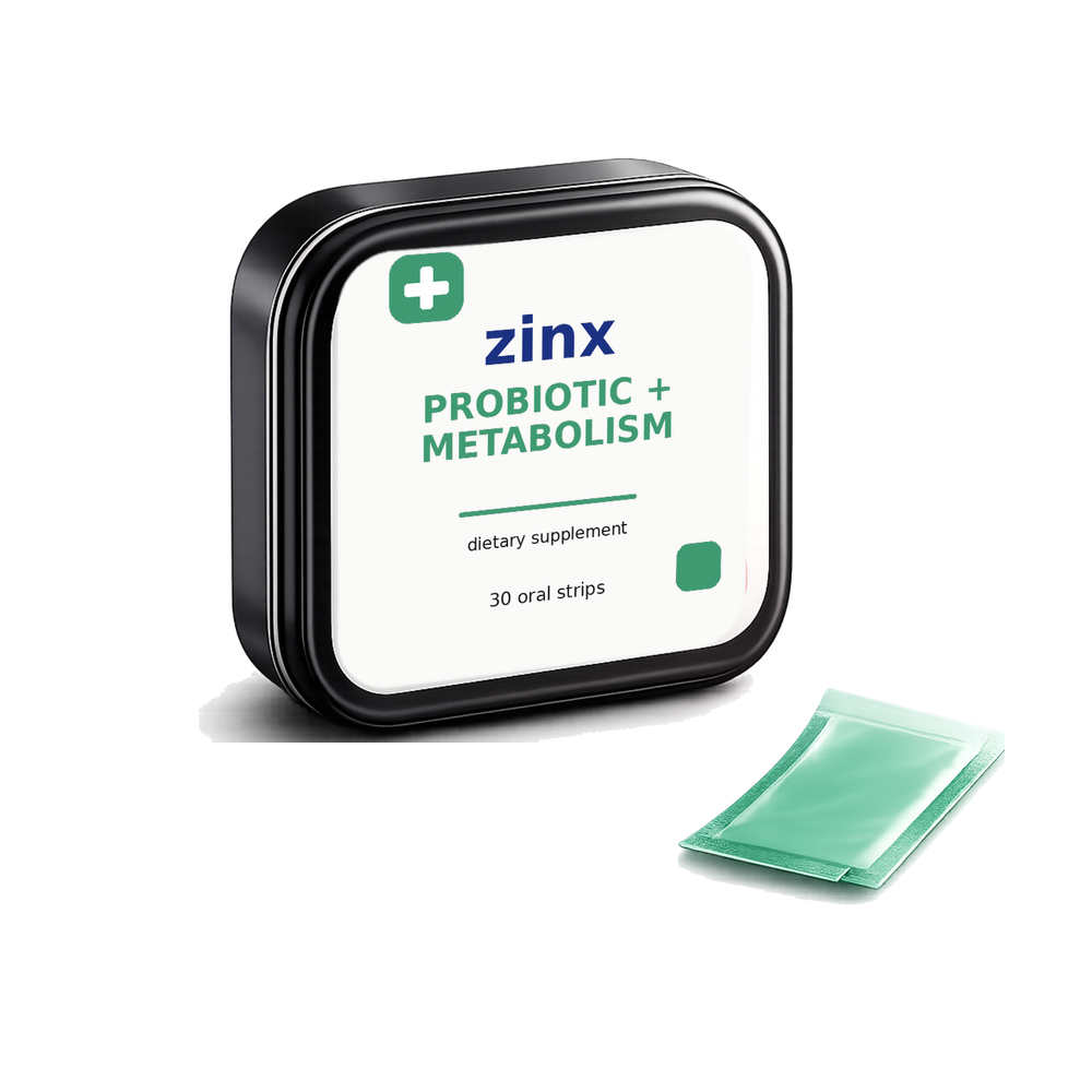 Zinx Probiotic + Metabolism Strips tin and oral strip packet