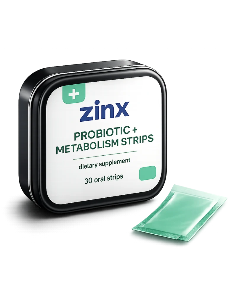 Zinx Probiotic + Metabolism Strips tin and oral strip packet